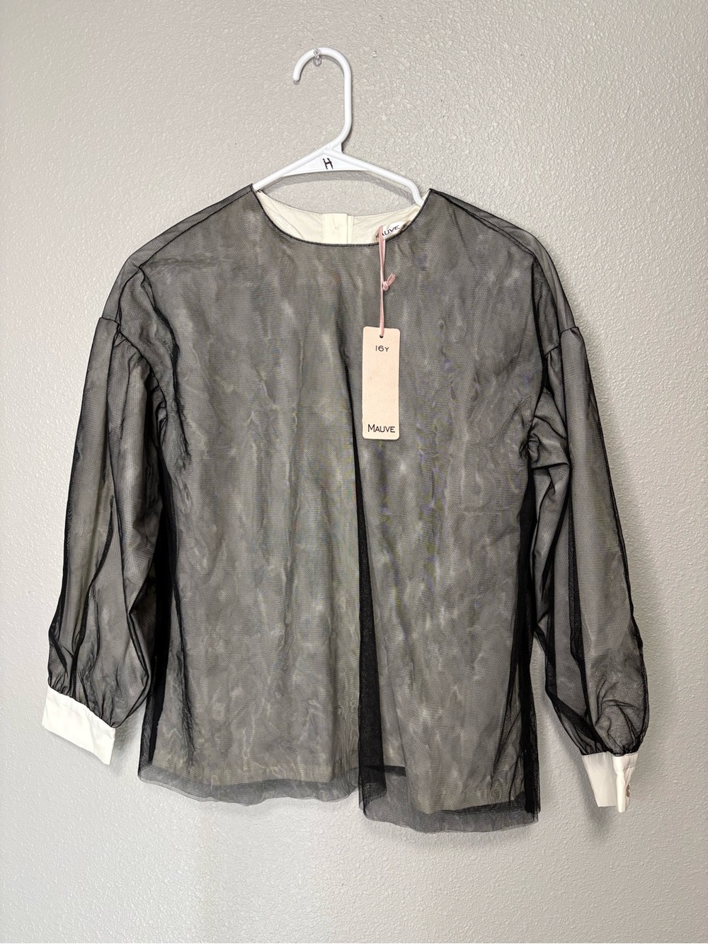 Mauve Sheer Tulle Long Sleeve Blouse Black with White Lining NWT Sz 16Y